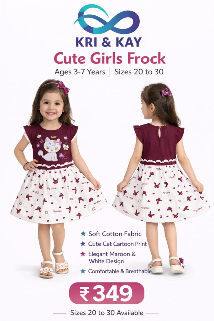 Maroon Cat Print Girls Frock