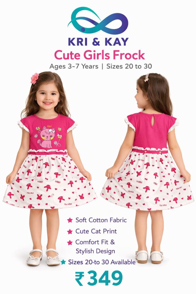 Pink Cat Print Girls Frock