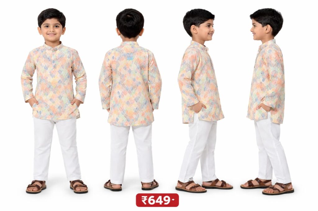 Boys Pastel Diamond Print Kurta Pajama Set